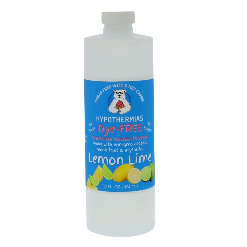 A pint of Hypothermias Sugar-Free & Dye-Free Lemon Lime Snow Cone and Shaved Ice Syrup in a BPA-free plastic bottle on a bright white background, featuring an azure blue label with lemon and lime imagery. This clear, sugar-free syrup is made with organic and non-GMO monk fruit and erythritol for a bright, citrus flavor without dyes or added sugars.