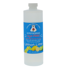 A pint of Hypothermias Sugar-Free & Dye-Free Lemon Lime Snow Cone and Shaved Ice Syrup in a BPA-free plastic bottle on a bright white background, featuring an azure blue label with lemon and lime imagery. This clear, sugar-free syrup is made with organic and non-GMO monk fruit and erythritol for a bright, citrus flavor without dyes or added sugars.