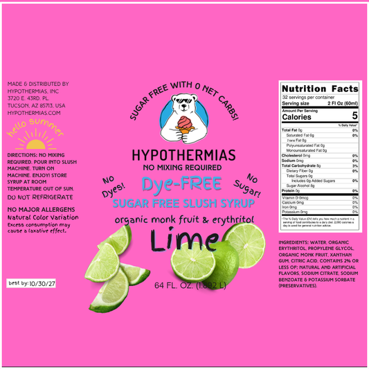 Lime | Hypothermias SUGAR FREE Dye-FREE Slush Syrup | Half Gallon