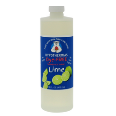 A pint of Hypothermias Dye-FREE Lime Shaved Ice & Snow Cone Syrup in a BPA-free plastic bottle on a bright white background, featuring a dark blue label with an image of fresh green limes representing the flavor. The syrup is clear and contains no dyes, made from non-GMO 100% pure cane sugar by a family-run small business in Tucson, Arizona, USA — a UNESCO City of Gastronomy.