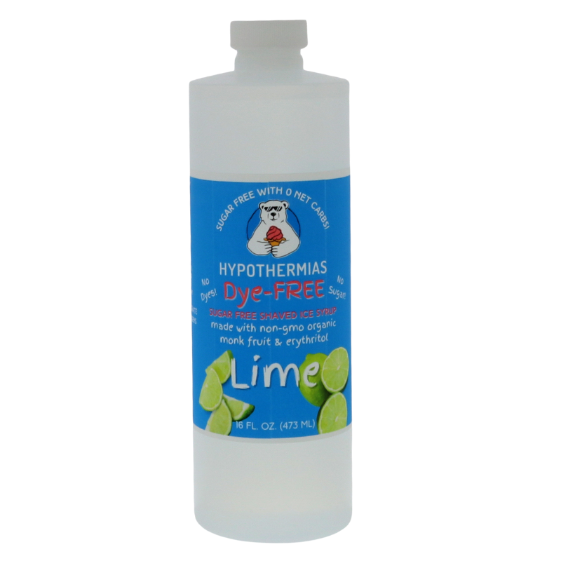 A pint of Hypothermias Sugar-Free & Dye-Free Lime Snow Cone and Shaved Ice Syrup in a BPA-free plastic bottle on a bright white background, featuring an azure blue label with lime imagery. This clear, sugar-free syrup is made with organic and non-GMO monk fruit and erythritol for a crisp, tangy flavor without dyes or added sugars.