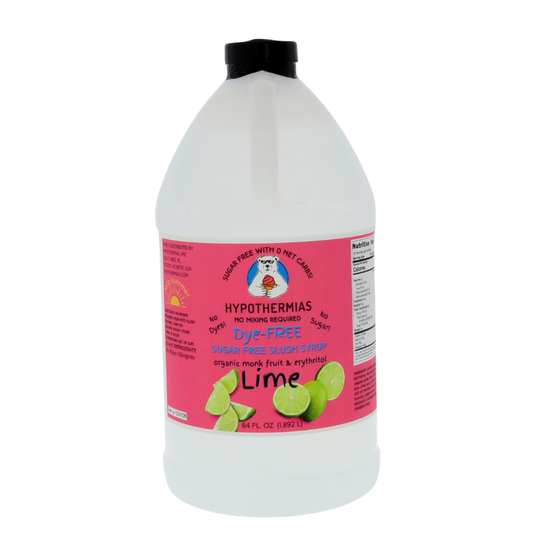 A half-gallon bottle of Hypothermias Sugar-Free & Dye-Free Lime Slush Syrup with a pink label featuring fresh green limes, pictured on a white background. Made with organic monk fruit and erythritol for a zesty, sugar-free frozen drink syrup.