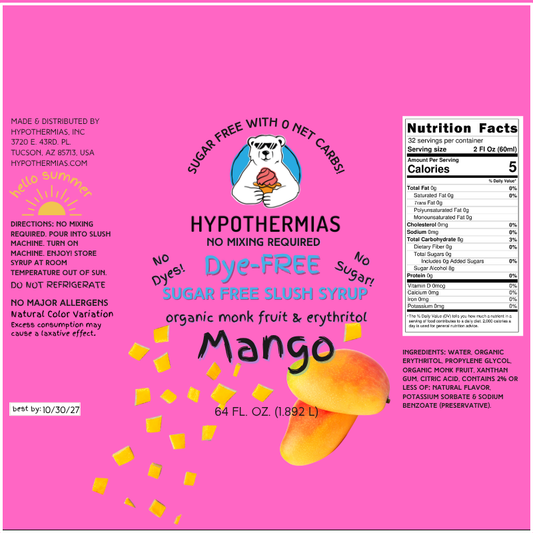 Mango | Hypothermias SUGAR FREE Dye-FREE Slush Syrup | Half Gallon
