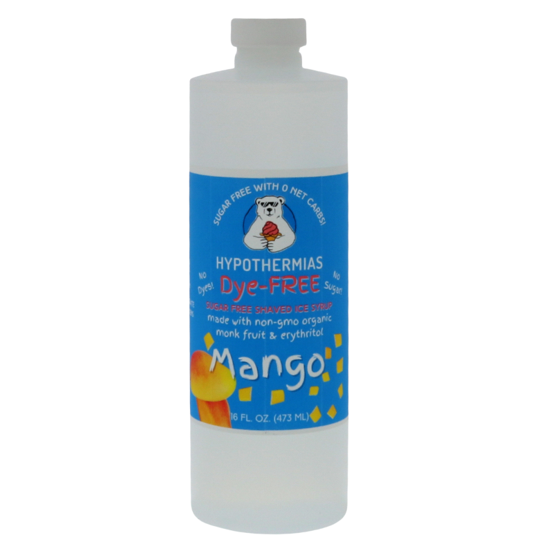 A pint of Hypothermias Sugar-Free & Dye-Free Mango Shaved Ice and Snow Cone Syrup in a BPA-free plastic bottle on a bright white background, featuring an azure blue label with mango imagery. This clear, sugar-free syrup is made with organic and non-GMO monk fruit and erythritol for a smooth, tropical flavor without dyes or added sugars.