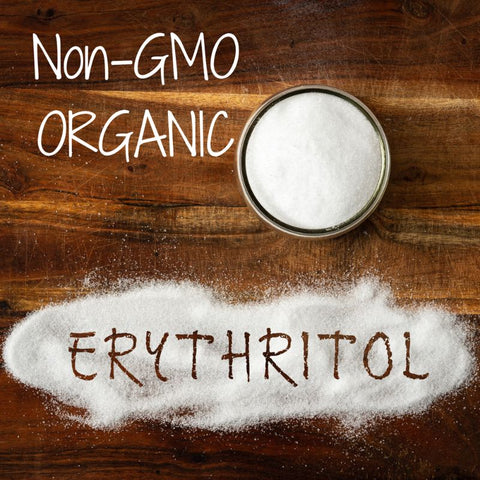 Non-gmo organic erythritol sweetener on a wood table.