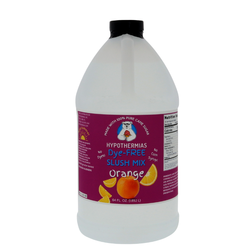 A BPA-free plastic half-gallon bottle of Hypothermias Dye-FREE Orange Slush Syrup with a vibrant purple label showing ripe oranges, photographed on a clean white background. This clear, artisan frozen drink syrup is made in small batches in Tucson, Arizona, with non-GMO 100% pure cane sugar. Free of dyes and high fructose corn syrup, it provides bright, citrus orange flavor for frozen drink makers and slushie machines.