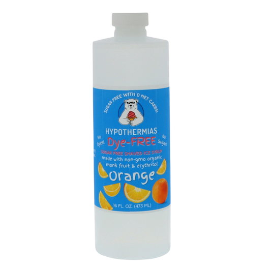 A pint of Hypothermias Sugar-Free & Dye-Free Orange Snow Cone and Shaved Ice Syrup in a BPA-free plastic bottle on a bright white background, featuring an azure blue label with orange fruit imagery. This clear, sugar-free syrup is made with organic and non-GMO monk fruit and erythritol for a bright, citrus flavor without dyes or added sugars.