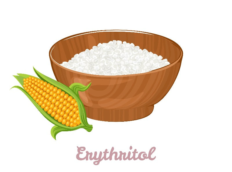 Erythritol in wooden bowl on white background with ear of corn.