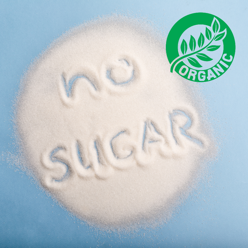 No sugar written in monk fruit with the organic symbol.