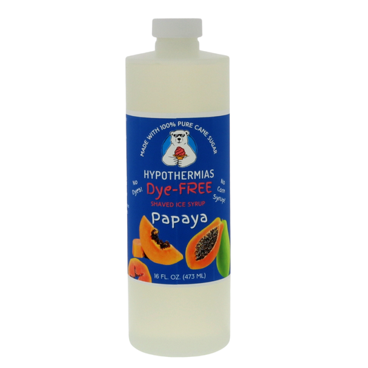 A pint of Hypothermias Dye-FREE Papaya Shaved Ice & Snow Cone Syrup in a BPA-free plastic bottle on a clean white background, featuring a dark blue label with an image of ripe papaya slices representing the flavor. The syrup is clear with no dyes and crafted from pure cane sugar and non-GMO ingredients by a family-run small business in Tucson, Arizona, USA — a UNESCO City of Gastronomy.