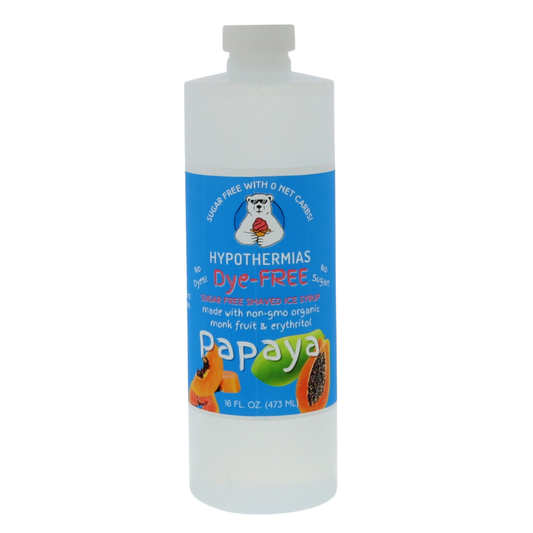A pint of Hypothermias Sugar-Free & Dye-Free Papaya Shaved Ice and Snow Cone Syrup in a BPA-free plastic bottle on a bright white background, featuring an azure blue label with papaya fruit imagery. This clear, sugar-free syrup is made with organic and non-GMO monk fruit and erythritol for a tropical, naturally sweet flavor without dyes or added sugars.