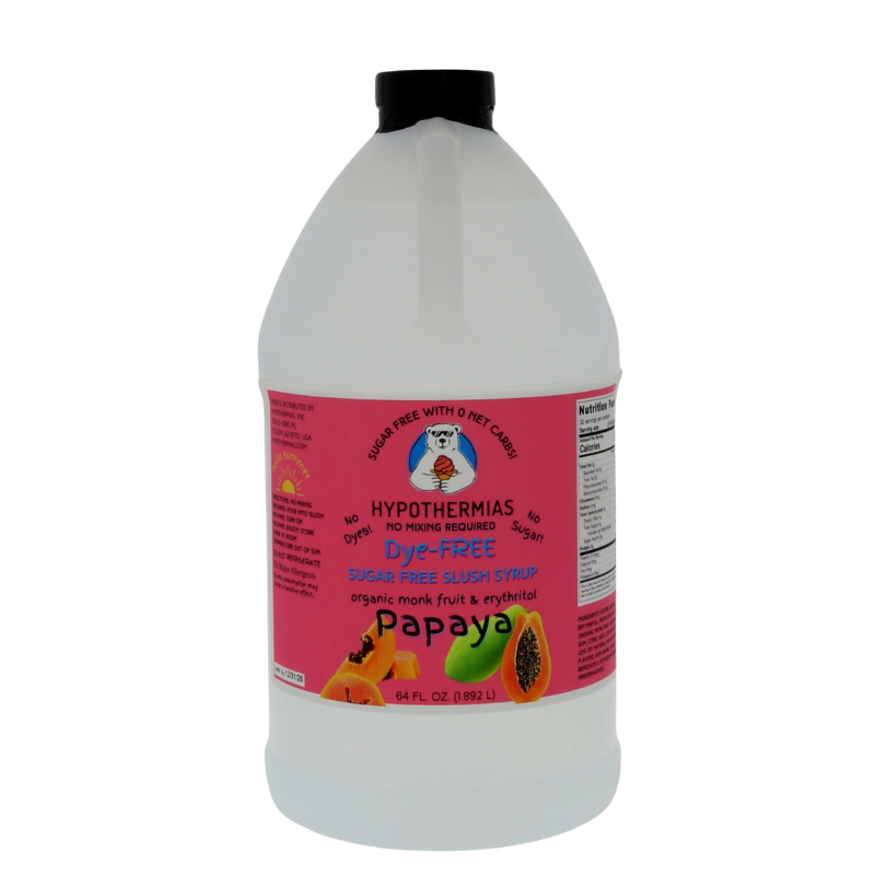 A half-gallon bottle of Hypothermias Sugar-Free & Dye-Free Papaya Slush Syrup with a vibrant pink label featuring ripe papaya slices, displayed on a bright white background. Crafted in Tucson, Arizona, USA, with organic monk fruit and erythritol for a tropical, sugar-free, and dye-free frozen drink syrup.
