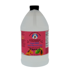 A half-gallon bottle of Hypothermias Sugar-Free & Dye-Free Papaya Slush Syrup with a vibrant pink label featuring ripe papaya slices, displayed on a bright white background. Crafted in Tucson, Arizona, USA, with organic monk fruit and erythritol for a tropical, sugar-free, and dye-free frozen drink syrup.