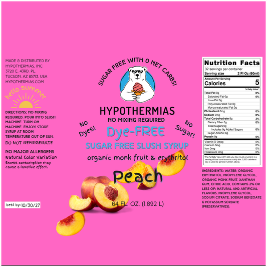 Peach | Hypothermias SUGAR FREE Dye-FREE Slush Syrup | Half Gallon