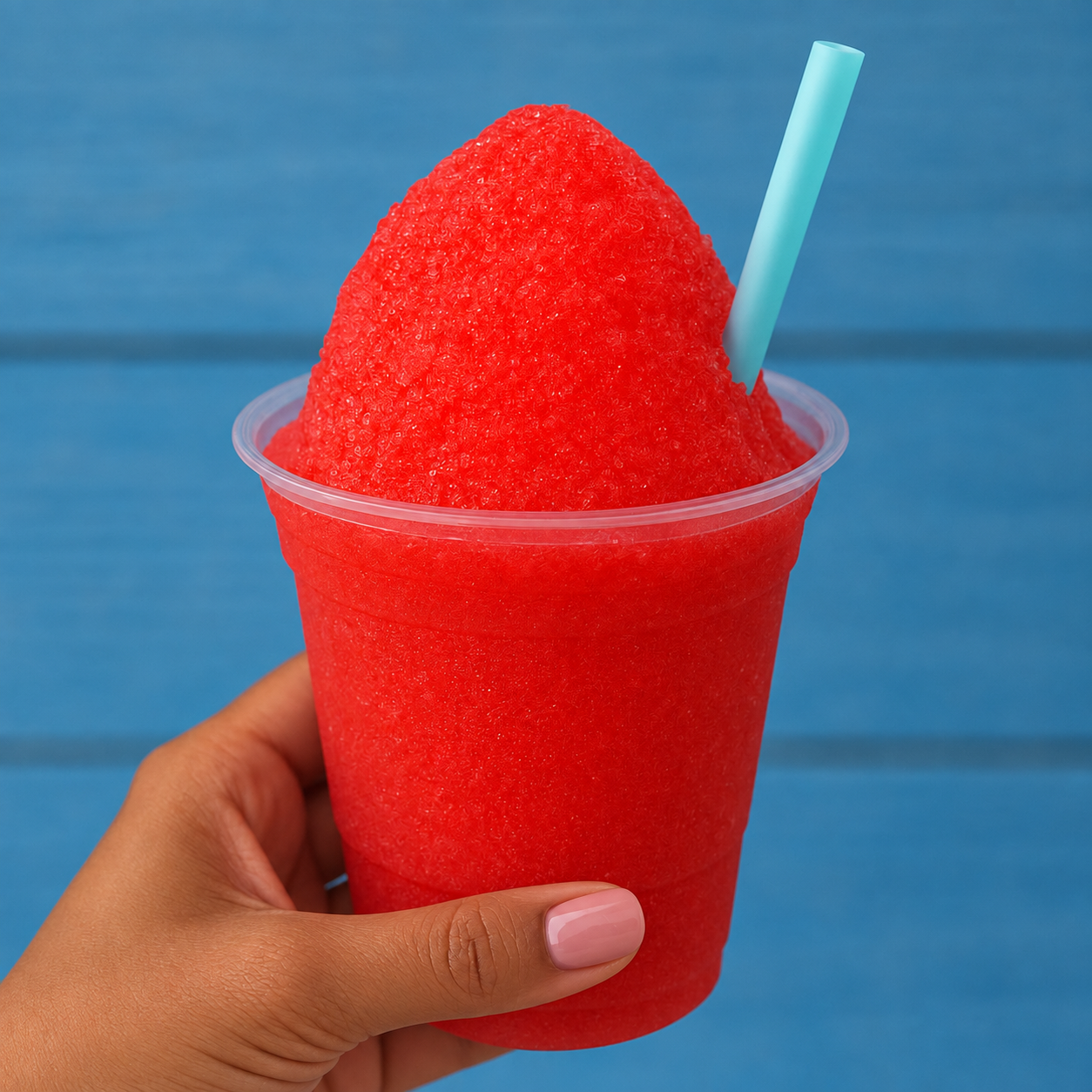 Person hold up a red slushy in plastic cup with straw.