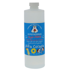 A pint of Hypothermias Sugar-Free & Dye-Free Piña Colada Shaved Ice and Snow Cone Syrup in a BPA-free plastic bottle on a bright white background, featuring an azure blue label with pineapple and coconut imagery. This clear, sugar-free syrup is made with organic and non-GMO monk fruit and erythritol for a creamy, tropical flavor without dyes or added sugars.