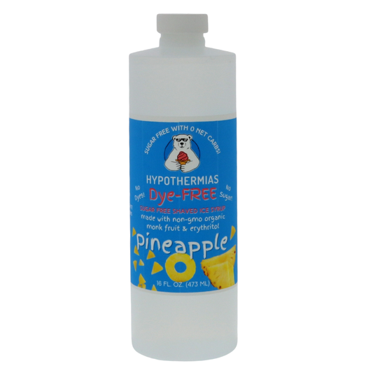 A pint of Hypothermias Sugar-Free & Dye-Free Pineapple Snow Cone and Shaved Ice Syrup in a BPA-free plastic bottle on a bright white background, featuring an azure blue label with pineapple imagery. This clear, sugar-free syrup is made with organic and non-GMO monk fruit and erythritol for a tangy, naturally sweet tropical flavor without dyes or added sugars.