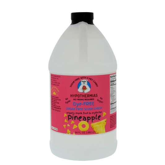 A half-gallon bottle of Hypothermias Sugar-Free & Dye-Free Pineapple Slush Syrup with a vibrant pink label featuring golden pineapples, photographed on a white background. This tropical syrup is crafted with organic monk fruit and erythritol for sugar-free frozen drinks.