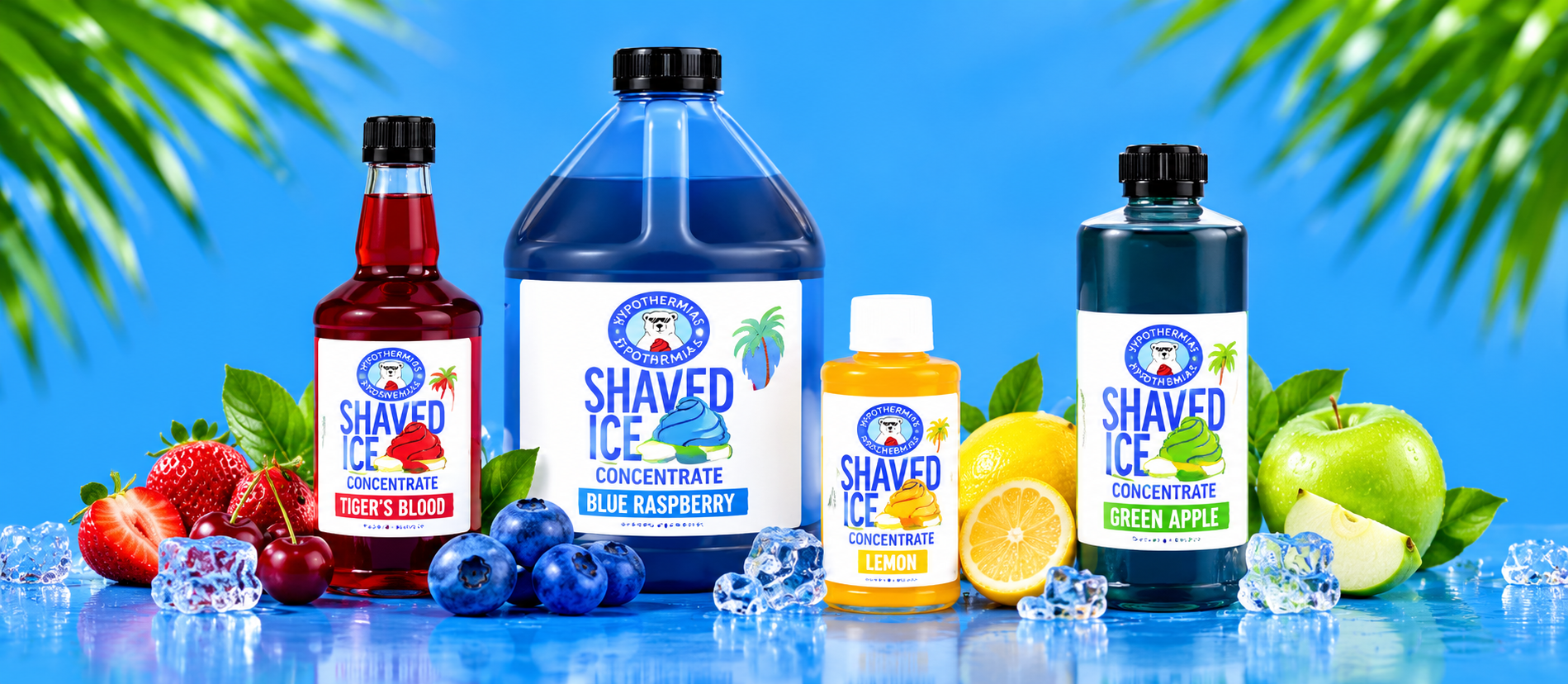 Hypothermias shaved ice flavor concentrates in assorted flavors and sizes.