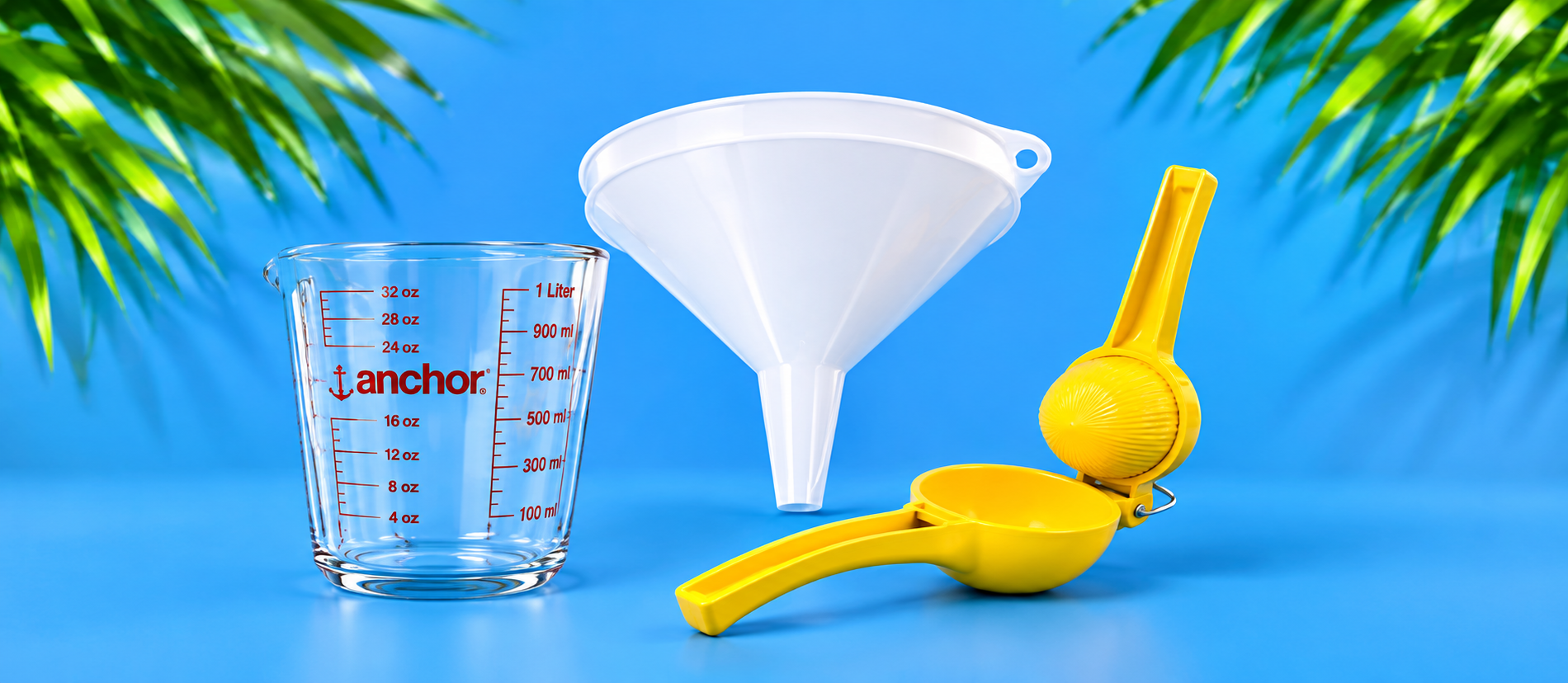 Flavor mixing supplies for shaved ice syrup including measuring cup, funnel, and citrus squeezer