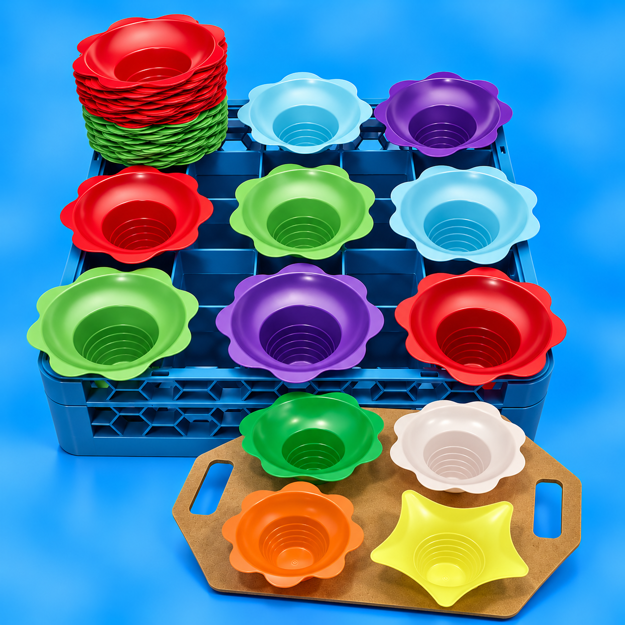 Shaved ice flower cup rack and take out tray on blue background.