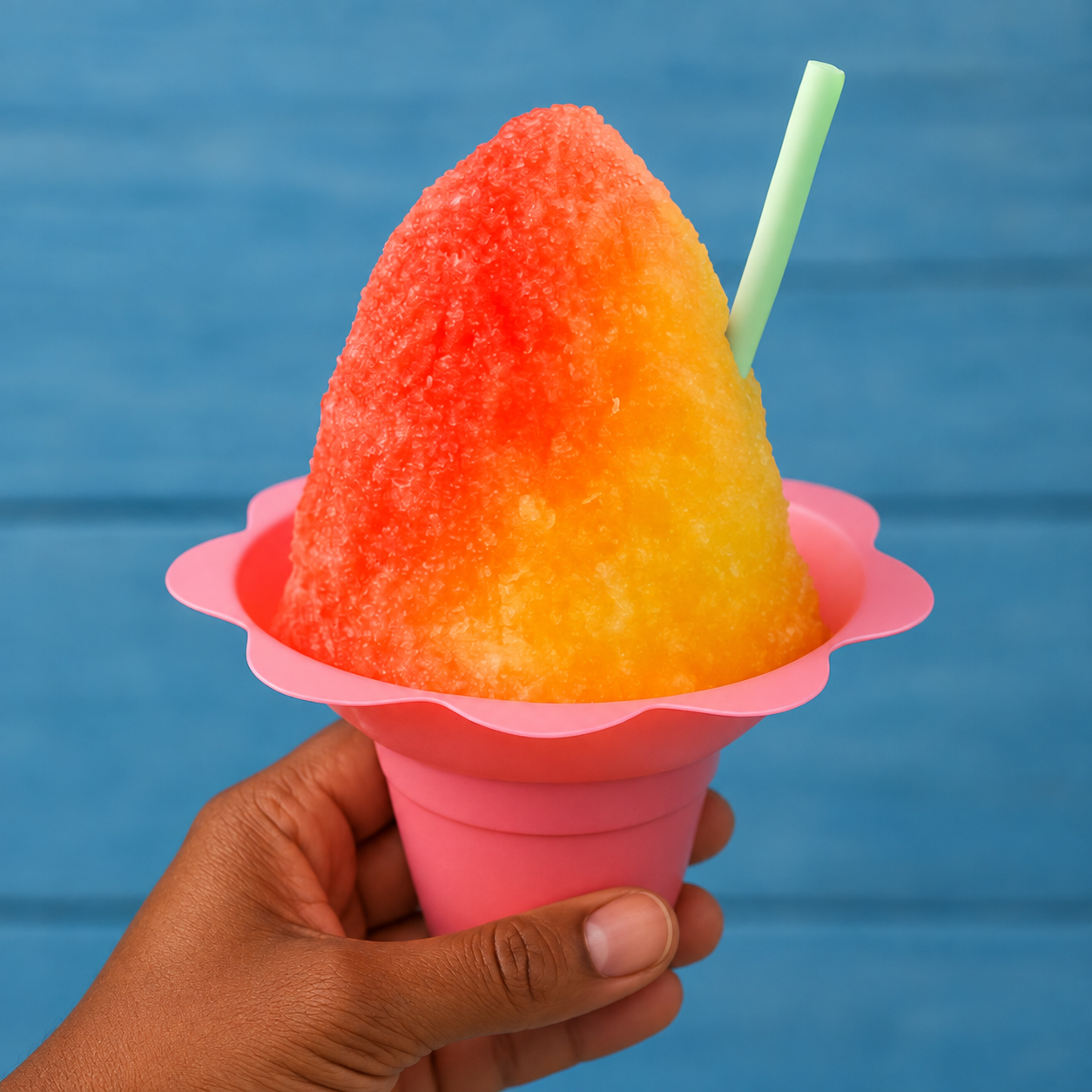 Person holding shaved ice in pink flower cup