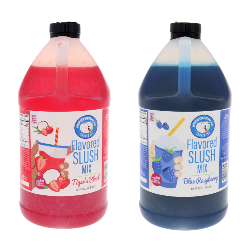 Two bottles of flavored slush mix, one red and one blue, on a white background.