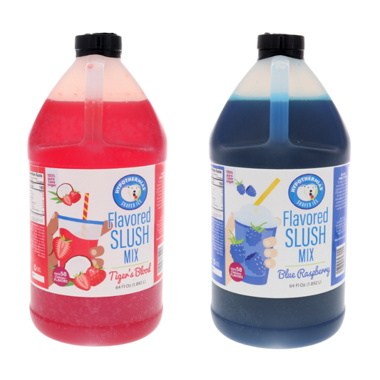 Two bottles of flavored slush mix, one red and one blue, on a white background.