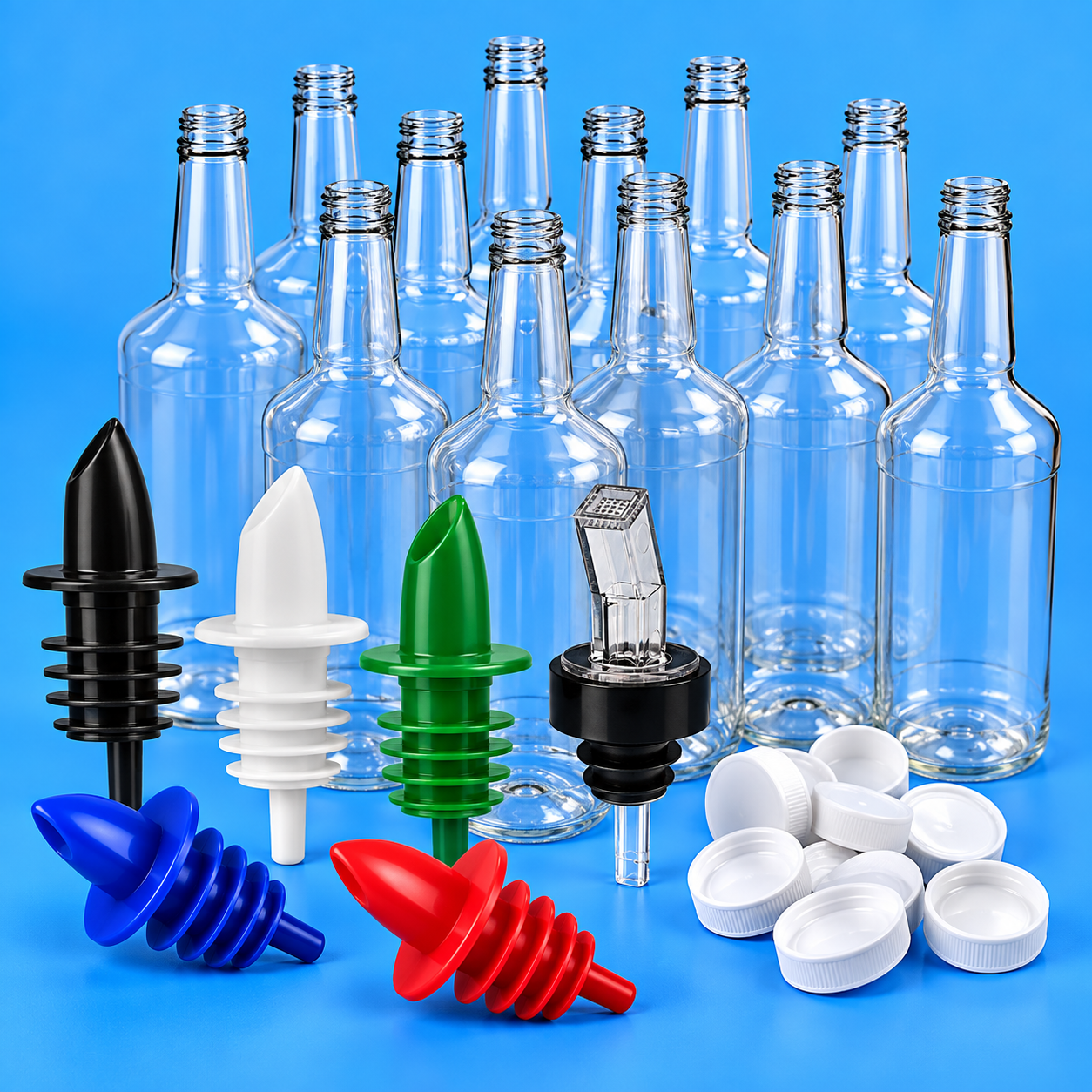 Collection of snow cone bottles, bottle pourers and bottle caps.
