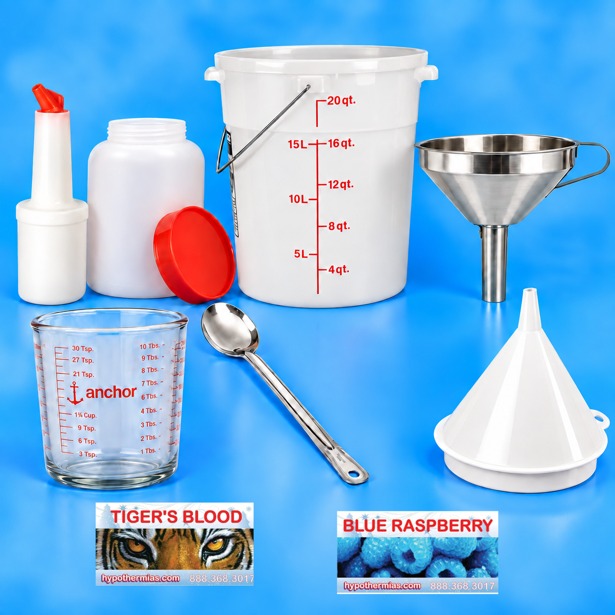 Snow Cone syrup mixing supplies which includes 6 gallon syrup mixing tank, mixing spoon, store and pour bottles, funnels, small measuring cup and snow cone syrup bottle labels.