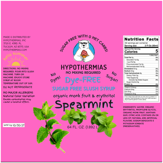 Spearmint | Hypothermias SUGAR FREE Dye-FREE Slush Syrup | Half Gallon