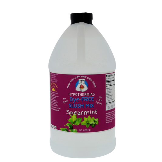A BPA-free plastic half-gallon bottle of Hypothermias Dye-FREE Spearmint Slush Syrup with a vibrant purple label featuring spearmint leaves, photographed on a bright white background. This clear, artisan frozen drink syrup is crafted with non-GMO 100% pure cane sugar and contains no high fructose corn syrup. Provides cool mint flavor for frozen drinks, mocktails, and slushie makers.