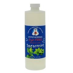 A pint of Hypothermias Dye-FREE Spearmint Shaved Ice & Snow Cone Syrup in a BPA-free plastic bottle on a bright white background, featuring a dark blue label with an image of fresh mint leaves representing the flavor. The syrup is clear and contains no dyes, made from non-GMO 100% pure cane sugar by a family-run small business in Tucson, Arizona, USA — a UNESCO City of Gastronomy.