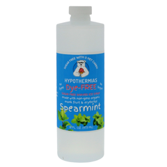 A pint of Hypothermias Sugar-Free & Dye-Free Spearmint Shaved Ice and Snow Cone Syrup in a BPA-free plastic bottle on a bright white background, featuring an azure blue label with mint leaf imagery. This clear, sugar-free syrup is made with organic and non-GMO monk fruit and erythritol for a refreshing, naturally sweet mint flavor without dyes or added sugars.