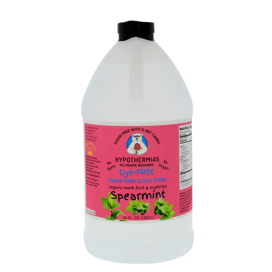 A half-gallon bottle of Hypothermias Sugar-Free & Dye-Free Spearmint Slush Syrup with a vivid pink label featuring mint leaves, displayed on a bright white background. Crafted in Tucson, Arizona, with organic monk fruit and erythritol for a cool, refreshing sugar-free slushie.