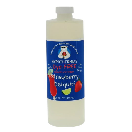 A pint of Hypothermias Dye-FREE Strawberry Daiquiri Shaved Ice & Snow Cone Syrup in a BPA-free plastic bottle on a clean white background, featuring a dark blue label with images of strawberries representing the flavor. The syrup is clear with no dyes and crafted from non-GMO 100% pure cane sugar by a family-run small business in Tucson, Arizona, USA — a UNESCO City of Gastronomy.