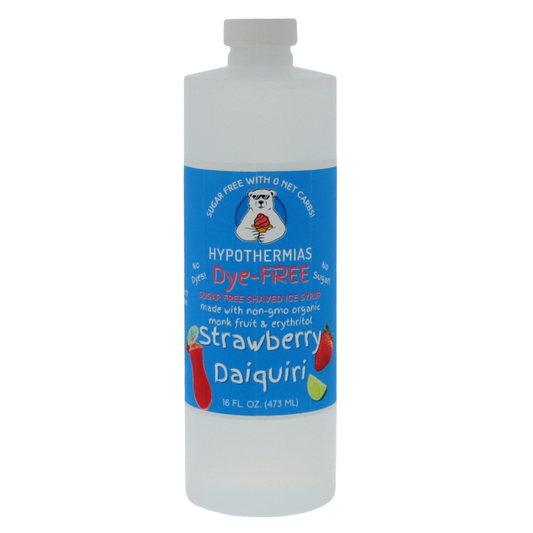 A pint of Hypothermias Sugar Free & Dye-Free Strawberry Daiquiri Snow Cone and Shaved Ice Syrup in a BPA-free plastic bottle on a bright white background, featuring an azure blue label with strawberries and a daiquiri glass illustration. This clear, sugar-free syrup is made with organic and non-GMO monk fruit and erythritol for a fruity, tropical flavor without dyes or added sugars.