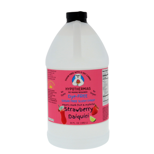 A half-gallon bottle of Hypothermias Sugar-Free & Dye-Free Strawberry Daiquiri Slush Syrup with a pink label featuring a frozen strawberry drink, displayed on a white background. This small-batch syrup is made with organic monk fruit and erythritol for a tropical, sugar-free flavor.