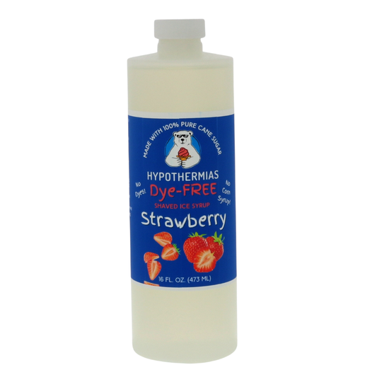A pint of Hypothermias Dye-FREE Strawberry Shaved Ice & Snow Cone Syrup in a BPA-free plastic bottle on a clean white background, featuring a dark blue label with an image of ripe red strawberries representing the flavor. The syrup is clear with no dyes and made from pure cane sugar and non-GMO ingredients by a family-run small business in Tucson, Arizona, USA — a UNESCO City of Gastronomy.