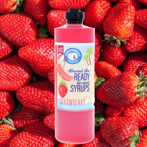 Hypothermias ready to use snow cone syrup with background of strawberries.