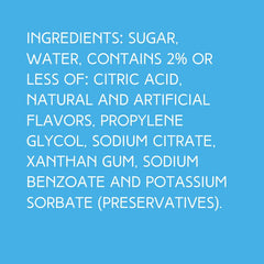 Ingredients for Hypothermias Tiger’s Blood SUGAR FREE | Dye-FREE Shaved Ice Syrup on a vibrant sky blue background. Organic monk fruit, erythritol, natural & artificial flavors, citric acid.
