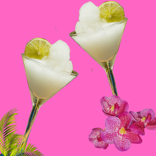 Two daiquiris on a vibrant background representing Hypothermias Daiquiri Sugar Free Dye-FREE Slush Syrup, a keto-friendly tropical slush mix with zero net carbs for slush machines and frozen drinks