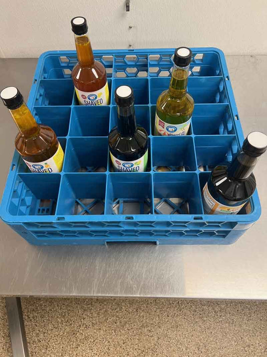 Used bottle rack holding 25 bottles or shaved ice flower cups for safe transport and stackable storage.