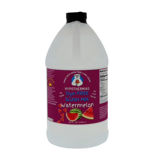 A BPA-free plastic half-gallon bottle of Hypothermias Dye-FREE Watermelon Slush Syrup with a vibrant purple label featuring watermelon slices, photographed on a bright white background. This clear, premium frozen drink syrup is made in Tucson, Arizona, with non-GMO 100% pure cane sugar and no high fructose corn syrup. Offers refreshing watermelon flavor for slushie makers and frozen drinks.