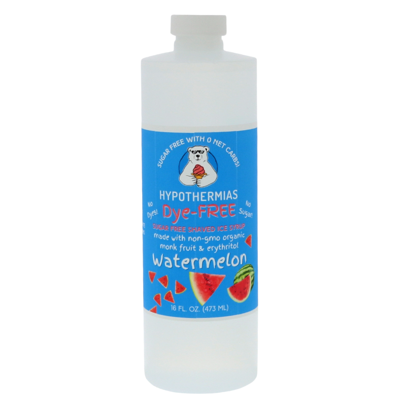 A pint of Hypothermias Sugar-Free & Dye-Free Watermelon Snow Cone and Shaved Ice Syrup in a BPA-free plastic bottle on a bright white background, featuring an azure blue label with watermelon slice imagery. This clear, sugar-free syrup is made with organic and non-GMO monk fruit and erythritol for a juicy, refreshing flavor without dyes or added sugars.