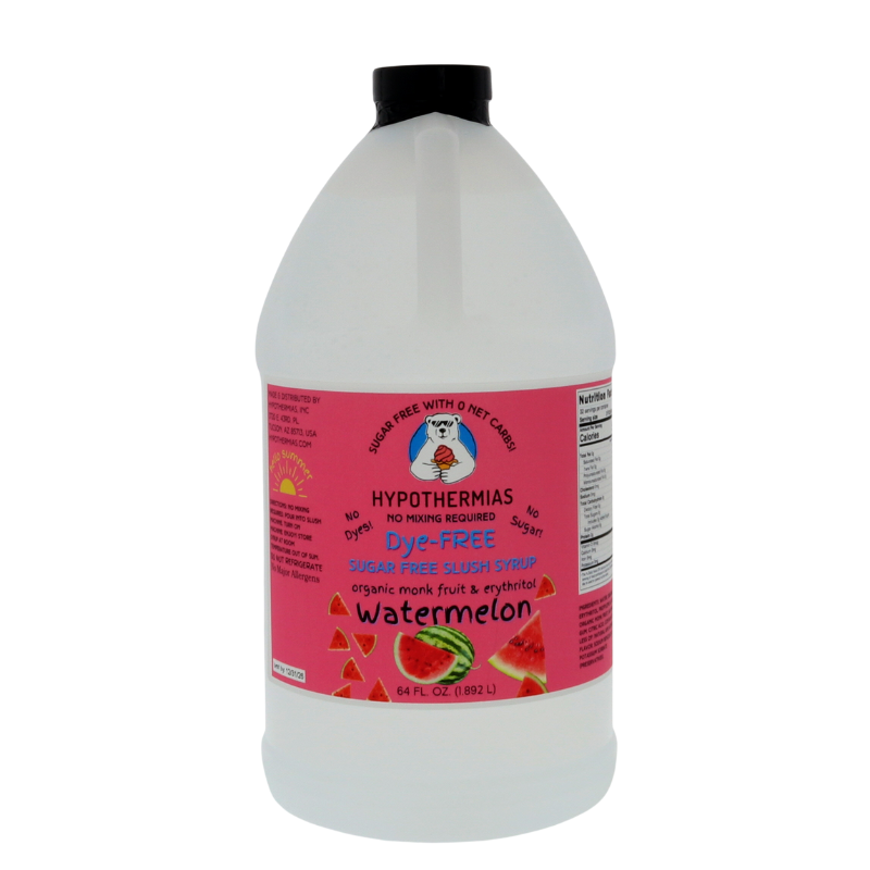 A half-gallon bottle of Hypothermias Sugar-Free & Dye-Free Watermelon Slush Syrup with a pink label featuring juicy watermelon slices, displayed on a white background. Made in Tucson, Arizona, with organic monk fruit and erythritol for a refreshing sugar-free frozen treat.