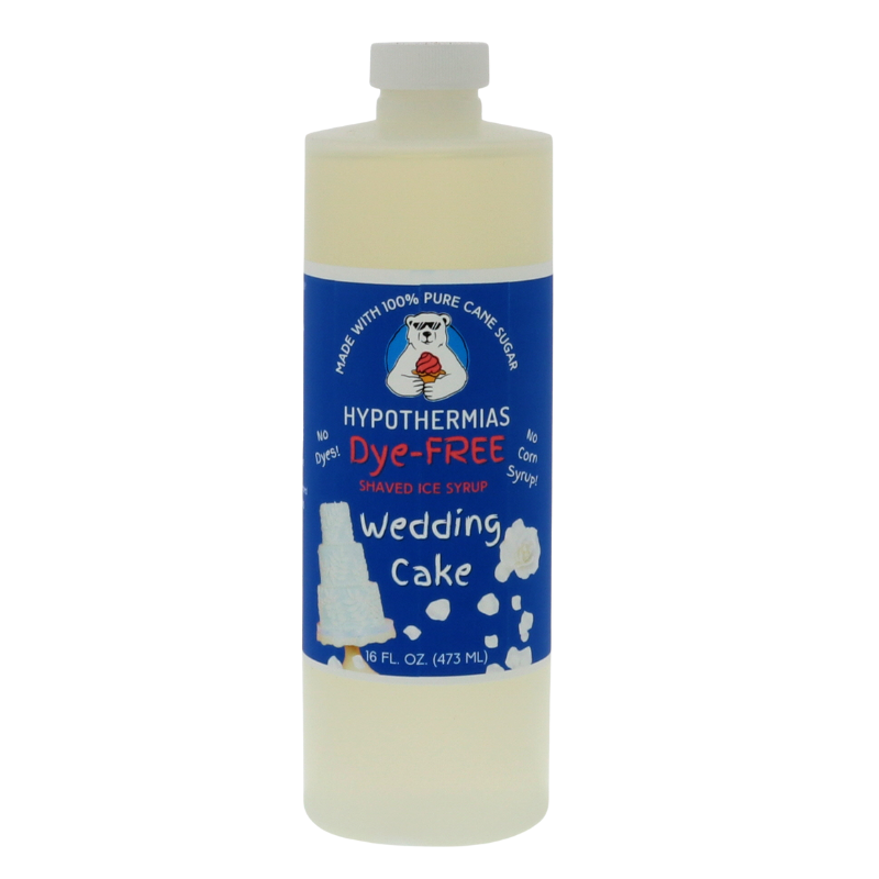 A pint of Hypothermias Dye-FREE Wedding Cake Shaved Ice & Snow Cone Syrup in a BPA-free plastic bottle on a white background, featuring a dark blue label with an image of a wedding cake symbolizing the flavor. The syrup is clear and free of dyes, made from non-GMO 100% pure cane sugar by a family-run small business in Tucson, Arizona, USA.