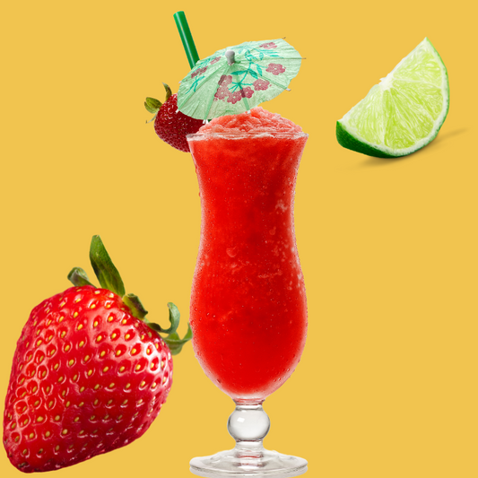 A picture of strawberries and a daiquiri representing Wild Desert Strawberry Daiquiri Dye-FREE Coffee Syrup. A clear, dye-free syrup made for cold brew, iced teas, and lattes