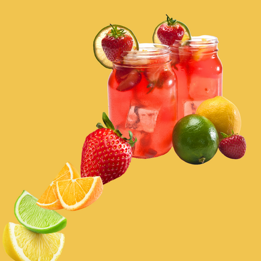 A mix of tropical fruits representing Wild Desert Dye-FREE Fruit Punch Coffee Syrup made with pure cane sugar and no synthetic dyes.