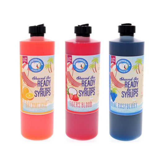 Hypothermias 100 percent pure cane sugar snow cone syrup: blue raspberry, tiger's blood, dreamcicle.